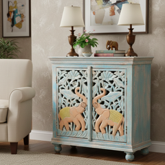 Hand-Carved Mango Wood Distress Sideboard Cabinet For Storage