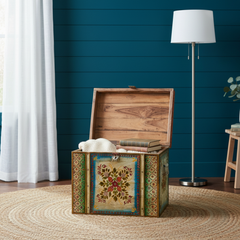 Mango Wood Ethnic Painted Indian Blanket Chest For Storage