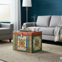 Mango Wood Ethnic Painted Indian Blanket Chest For Storage