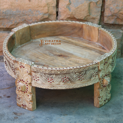 Mango Wood Chakki Table Set, Ethnic Indian Coffee Table, Planter Stand