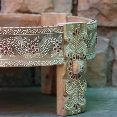 Mango Wood Chakki Table Set, Ethnic Indian Coffee Table, Planter Stand