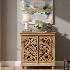 Mango Wood Hand-Carved Sideboard Cabinet For Utility Storage