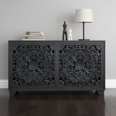 Mango Wood Hand-Carved Sideboard With Black Finish
