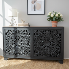 Mango Wood Hand-Carved Sideboard With Black Finish