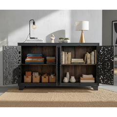 Mango Wood Hand-Carved Sideboard With Black Finish