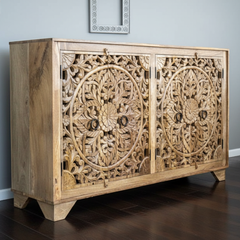 Mango Wood Hand-Carved Sideboard With Shiny Wood Polish