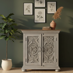 Mango Wood Hand-Carved Sideboard Cabinet With Grey Finish