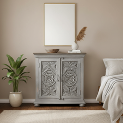 Mango Wood Hand-Carved Sideboard Cabinet With Grey Finish