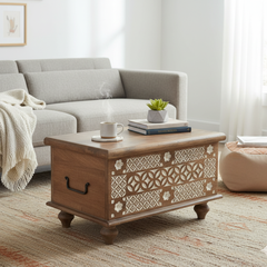 Mango Wood Blanket Chest With Hand-Carving Finish