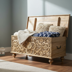 Mango Wood Blanket Chest With Floral Carving