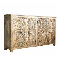 Mango Wood Mandala Carved Natural Sideboard For Storage