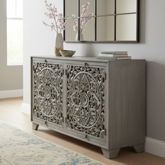 Mango Wood Hand-Carved Sideboard In Grey Finish