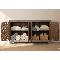 Mango Wood Hand-Carved Sideboard In Grey Finish