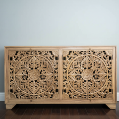 Mango Wood Hand-Carved Sideboard With Shiny Wood Polish
