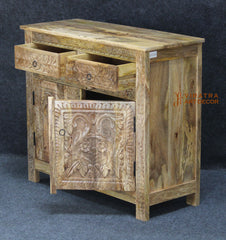 Mango Wood Floral Carved Cabinet, Boho Ethnic Nightstand