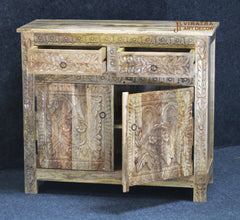 Mango Wood Floral Carved Cabinet, Boho Ethnic Nightstand