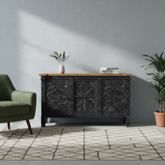 Mango Wood Hand-Carved Sideboard With Black Finish