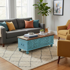 Mango Wood Blue Blanket Chest With Floral Pattern Carving