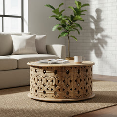 Mango Wood Natural Coffee Table With Floral Carving
