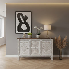 Mango Wood Hand-Carved Sideboard With White Finish