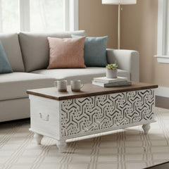 Mango Wood Boho Blanket Chest With Floral Pattern Carving