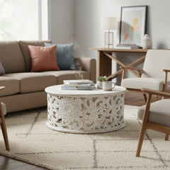 Mango Wood Center Coffee Table With Floral Carving