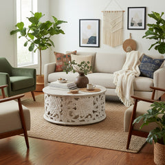 Mango Wood Center Coffee Table With Floral Carving