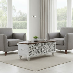 Mango Wood Boho Blanket Chest With Floral Pattern Carving