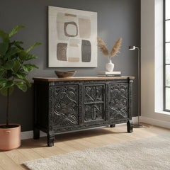 Mango Wood Hand-Carved Sideboard With Black Finish