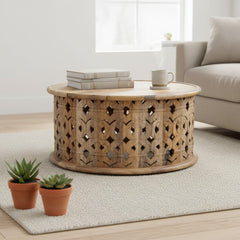 Mango Wood Natural Coffee Table With Floral Carving