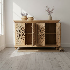 Wooden Four Door Sideboard With Floral Carving