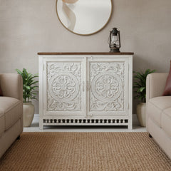 Mango Wood Carved Cabinet Sideboard For Storage