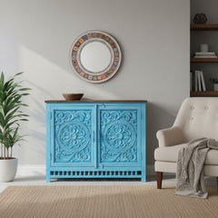 Mango Wood Blue Boho Cabinet Sideboard For Storage