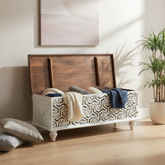 Mango Wood Boho Blanket Chest With Floral Pattern Carving