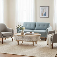 Mango Wood Centerpiece Oval Coffee Table With Lattice Carving