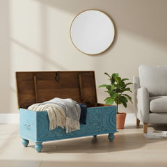 Mango Wood Blue Blanket Chest With Floral Pattern Carving