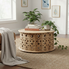 Mango Wood Natural Coffee Table With Floral Carving