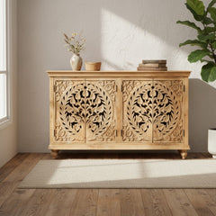 Wooden Four Door Sideboard With Floral Carving