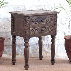 Hand Carved Mango Wood Side Table: Rustic Bedside Nightstand