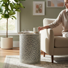 Mango Wood Bone Inlay Boho Side Table For Living Room Decor