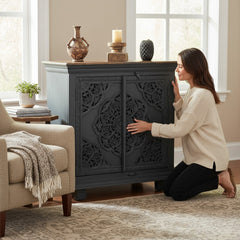 Mango Wood Charcoal Finish Lotus Cabinet For Storage