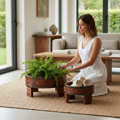 Mango Wood Round Planter Chakki Table For Living Area Decor