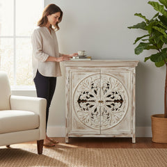 Hand-Carved Mango Wood Bedside Cabinet For Bedroom Storage