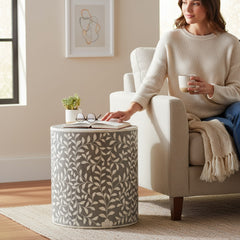 Mango Wood Bone Inlay Accent Side Table For Living Area Decor