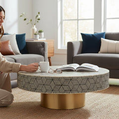 Bone Inlay Centerpiece Round Coffee Table For Living Room