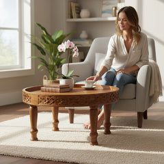 Mango Wood Hand-Carved Chakki Coffee Table For Living Room