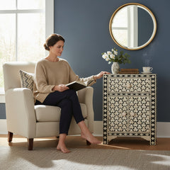 Mango Wood Bone Inlay Bedside Table For Living Area Decor