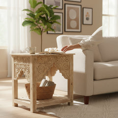 Hand-Carved Wooden Console Table – Boho Accent Side Table for Living Room Decor