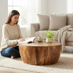 Wooden Round Drum Coffee Table, Handcrafted Solid Wood Centerpiece Drum Coffee Table