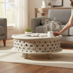 Boho Carved Low-Height Coffee Table – Elegant Centerpiece for Modern Living Rooms
